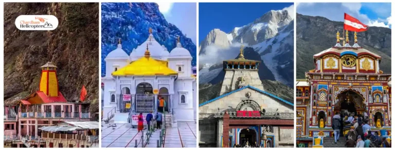 how to book Char Dham Yatra helicopter services – images of Yamunotri, Gangotri, Kedarnath, and Badrinath temples covered by Chardham Helicopters
