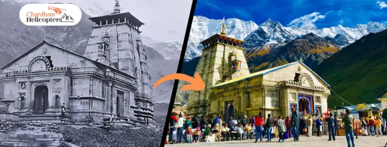 Historic and modern view of Kedarnath Temple – left side showing black and white image from 1880s, right side showing vibrant 2025 image with pilgrims and Himalayan background