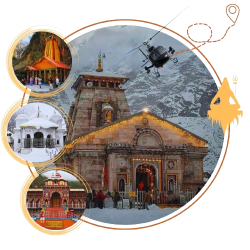 Chardham Tour Package by Helicopter featuring Kedarnath, Badrinath, Yamunotri, and Gangotri temples with scenic Himalayan views.